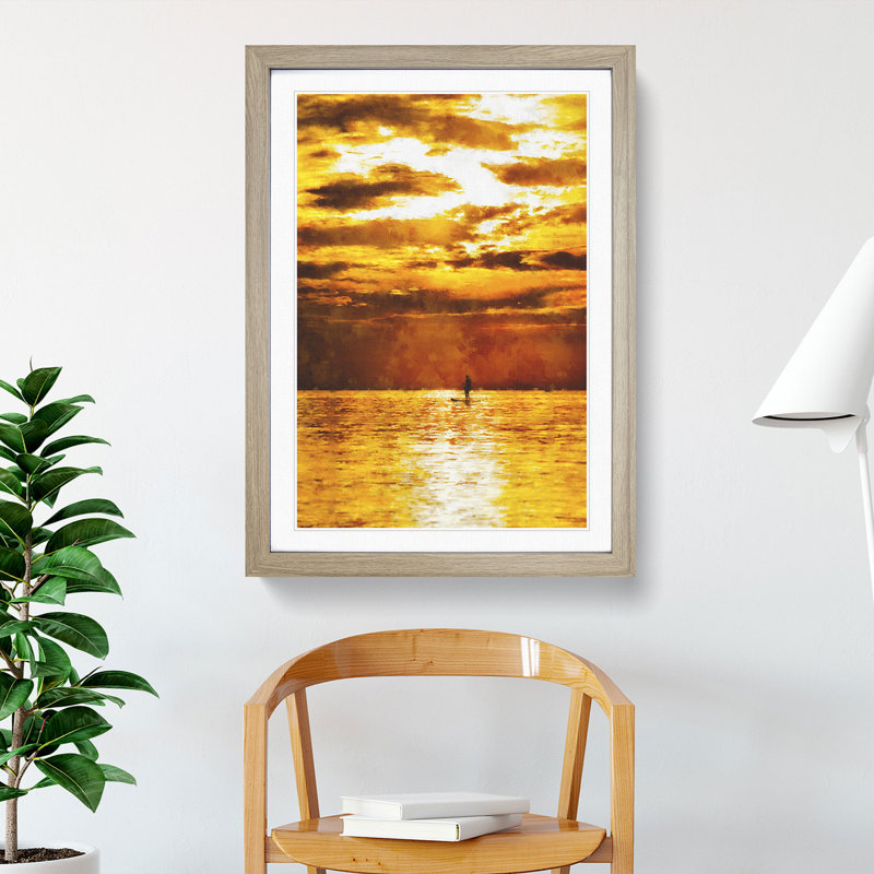 Paddleboarding at Sunset - Framed Print, 48cm H x 36cm W x 2cm D, Oak Framed
