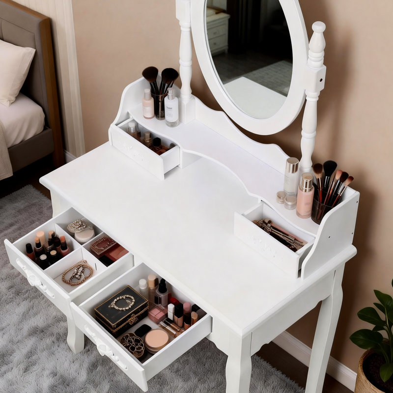 Bureau de coiffeuse blanc avec miroir rotatif, conception à 4 tiroirs, tabouret confortable, utilisation polyvalente, rangement pivotant sur structure 360, assemblage facile pour la chambre