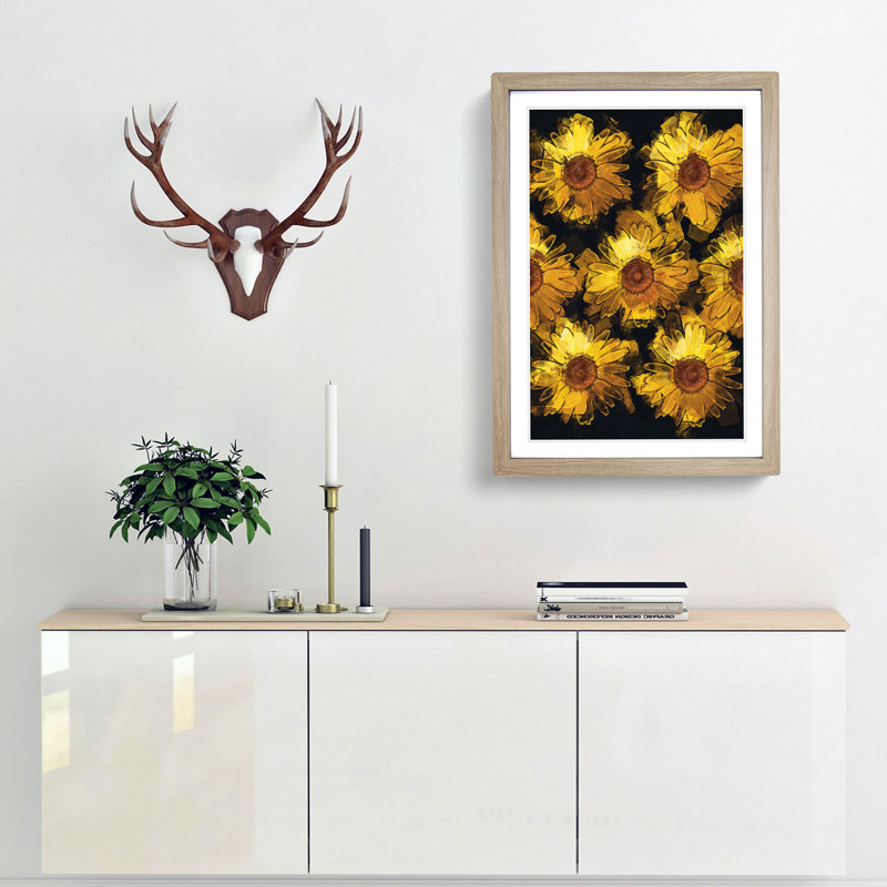A Wall of Yellow Sunflowers in Abstract - Framed Print, 36cm H x 27cm W x 2cm D, Oak Framed