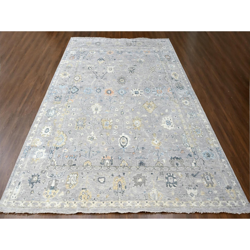 Tapis oriental surdimensionné gris moyen 11 pi 6 po x 15 pi, de conception Oushak, collection souple, en laine biologique, noué à la main, doux et moelleux