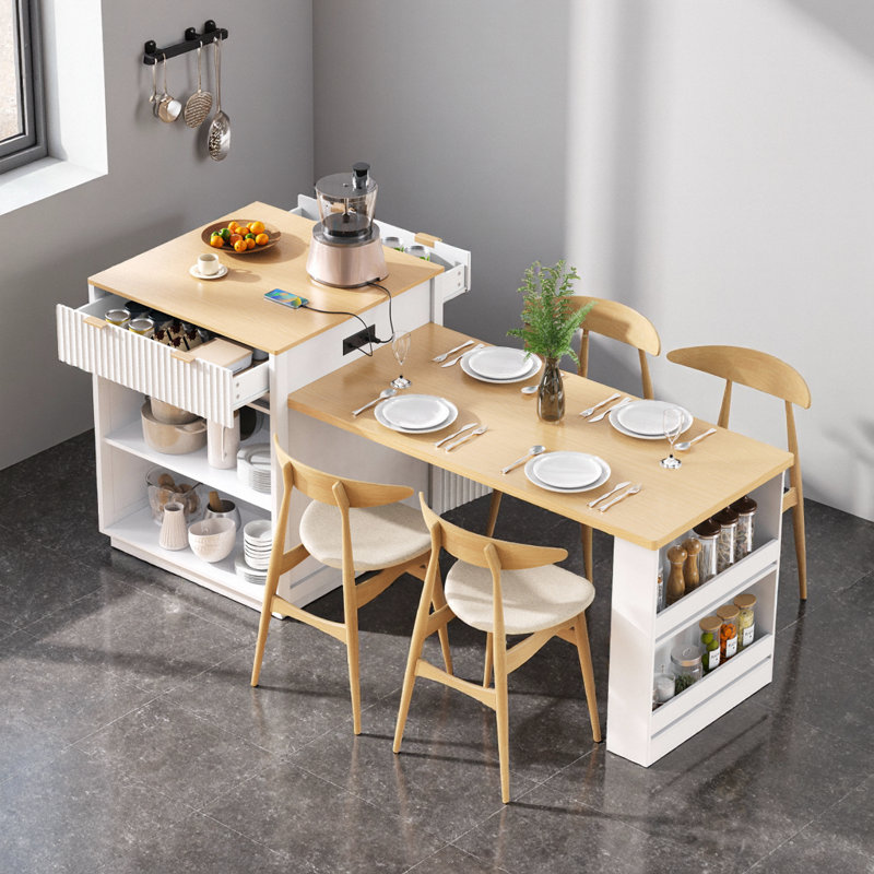 82.6" Fluted Kitchen Island with Extendable Table Seats 4-6, Built-in Power Outlet & Double-Side Storage, Black, White