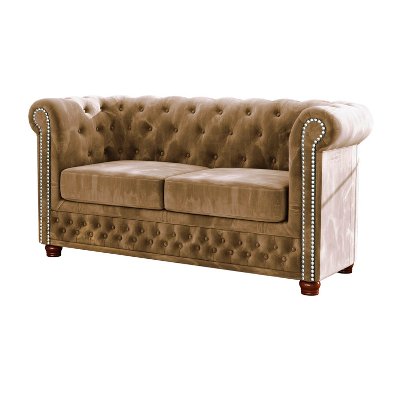 Chesterfield  Sofa 2 Seater Made of Velvet Fabric with Solid Wood Legs, Beige