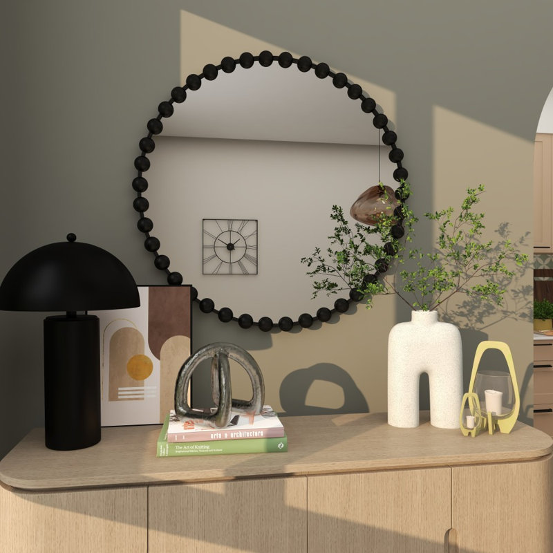 Miroir mural en métal avec détails perlés, 36 po x 36 po, Noir