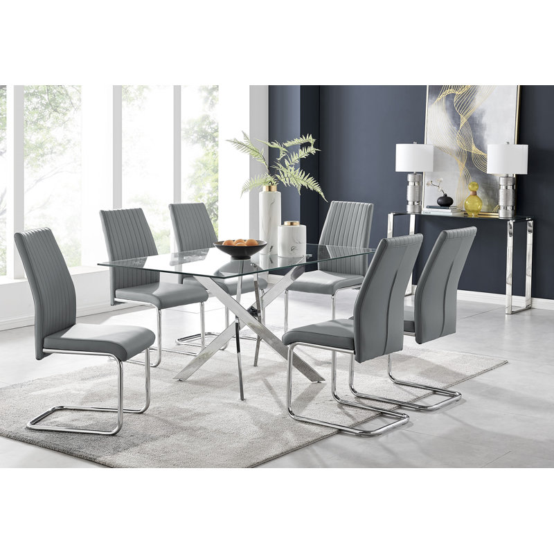 Lenworth Modern Chrome Metal and Glass Dining Table Set with 6 Luxury Faux Leather Dining Chairs, Elephant Gray