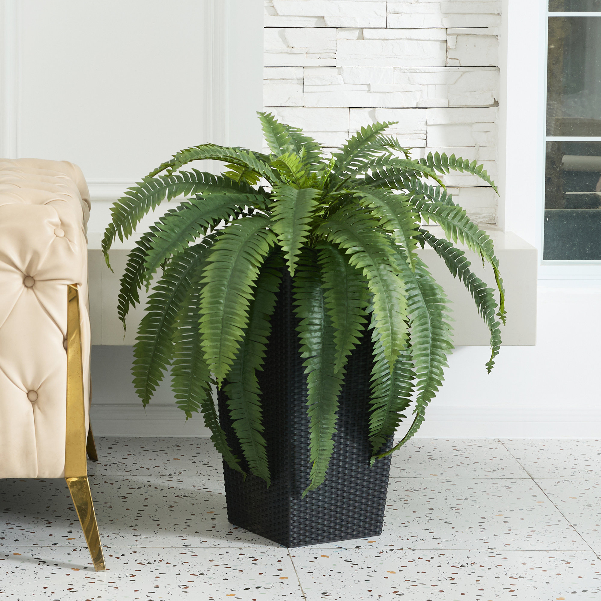 Adcock Artificial Boston Fern Bush Plant with Tapered Planter - UV Resistant Faux Ferns with 39 Leaves, Black, 1
