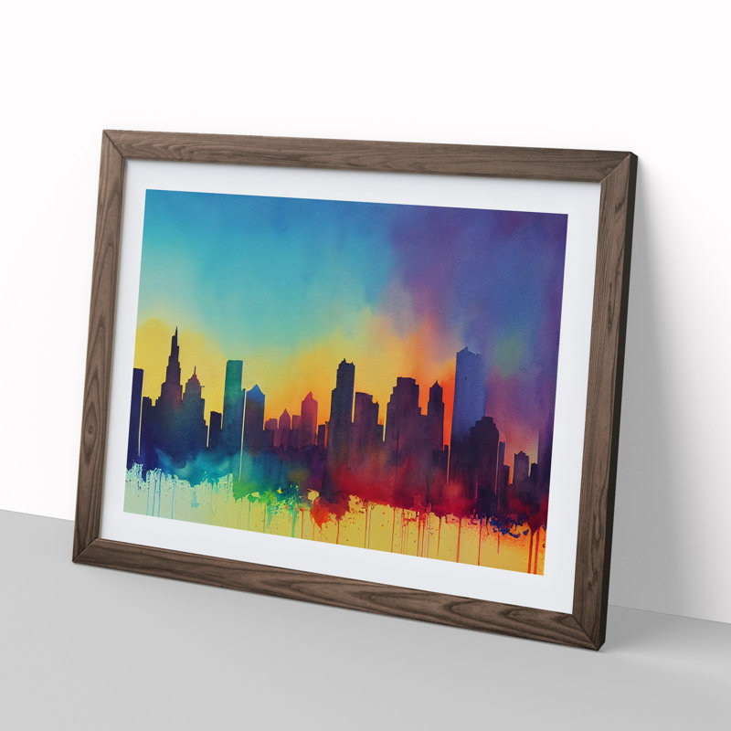 Watercolour City Skyline Vol.7 Abstract 1 Piece Single Picture Frame Wall Art, 46cm H x 64cm W x 2cm D, Walnut Framed