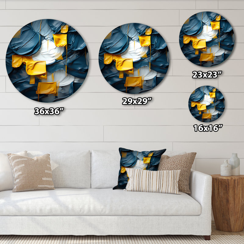 Spring Bliss abstrait turquoise et jaune I - Art abstrait rond en métal, H 36 po x l 36 po