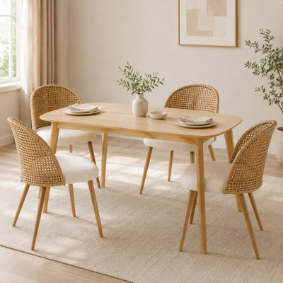 5-Piece Dining Set Mid-Century Wooden Table And Brown Rattan Chairs