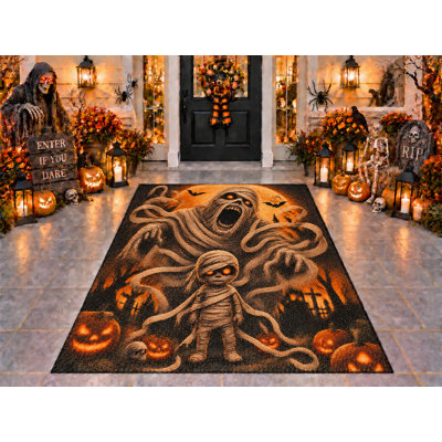 Tapis d'extérieur 152 x 213 cm (5 pi x 7 pi) motif momie et monstre pour enfant, épais, imperméable, en PVC bouclé, résistant et à séchage rapide, idéal pour terrasse, balcon ou entrée.