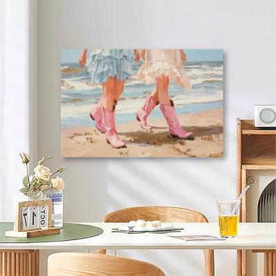 Coastal Cowgirl, bottes de style BCBG, dortoir esthétique bleue, impression sur toile tendue pour grand salon et chambre à coucher