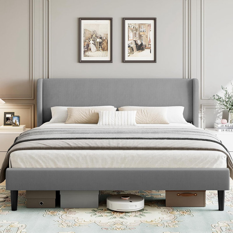 Platform Bed Frame With Upholstered Wingback Headboard, No Box Spring Needed, Queen, Grey
