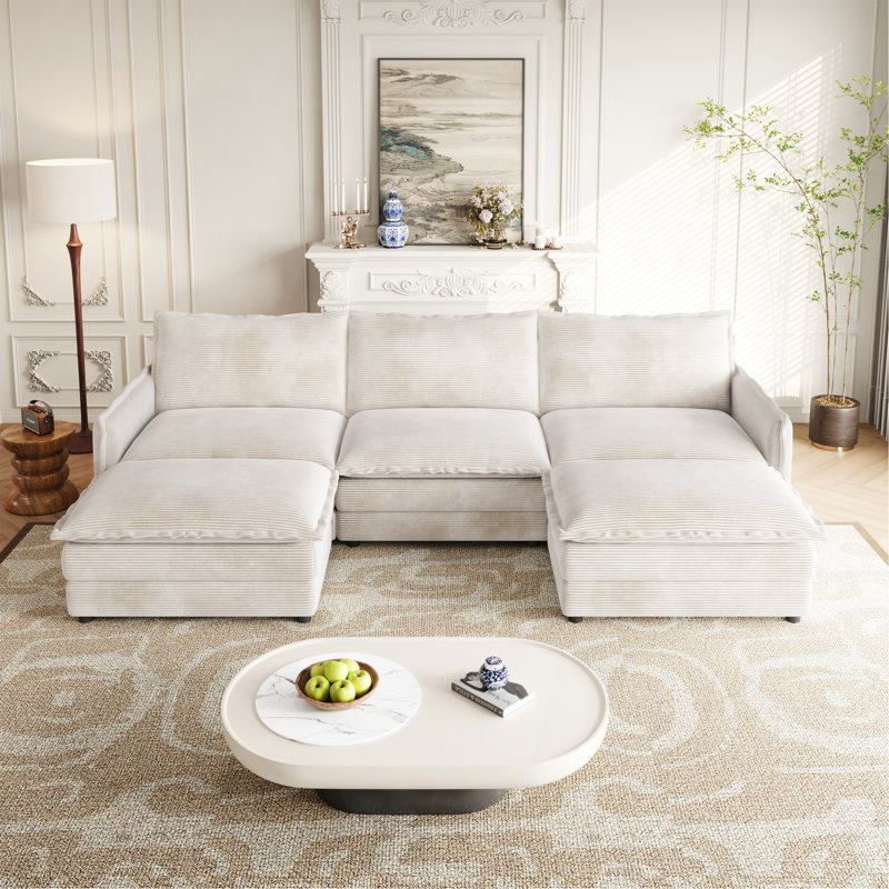 Canapé en tissu velours 3 places en velours côtelé confortable avec repose-pieds mobile pour le salon, ensemble de canapé en U surdimensionné à assise profonde, canapé rembourré à assise profonde de grande taille avec 3 coussins