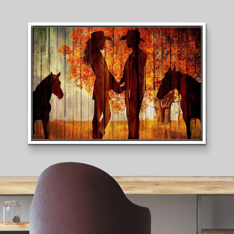 Art campagnard avec une silhouette de cheval, H 24 po x l 36 po, Cadre flottant blanc