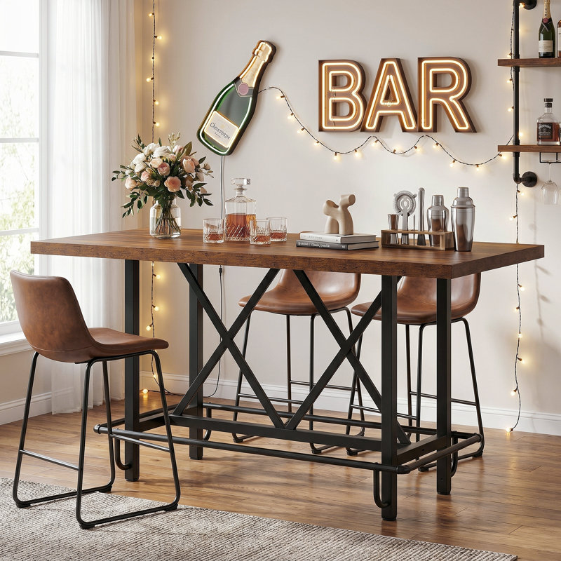 Table de bar à hauteur de comptoir, table de pub longue de 62,99 po avec repose-pieds en métal pour le déjeuner de la cuisine