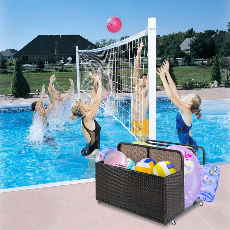 30 inch Brown Poolside Float Storage Double Layer Outdoor Storage PE Rattan Outdoor Pool Caddy With Rolling Wheels, Brown