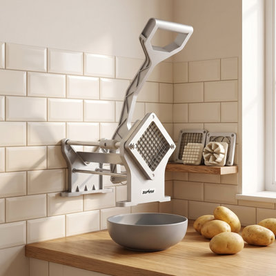 Commercial french fry cutter with 2 replaceable blades (1/2 & 3/8 inch), potato slicer for restaurant & home kitchen