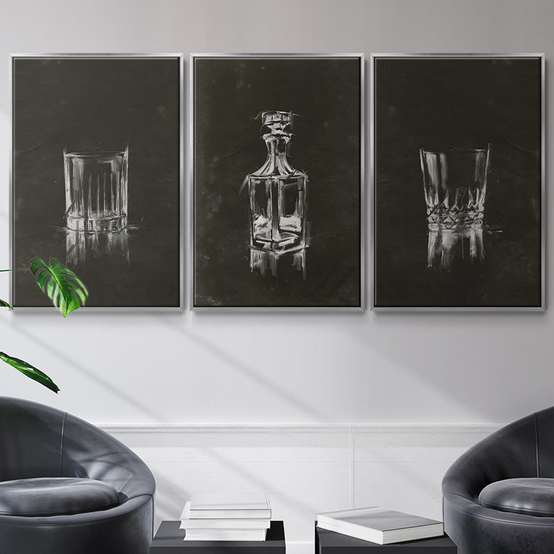 Crystal Barware V - Ensemble de 3 cadres flottants sur toile, Cadre flottant argent, H 36 po x l 72 po