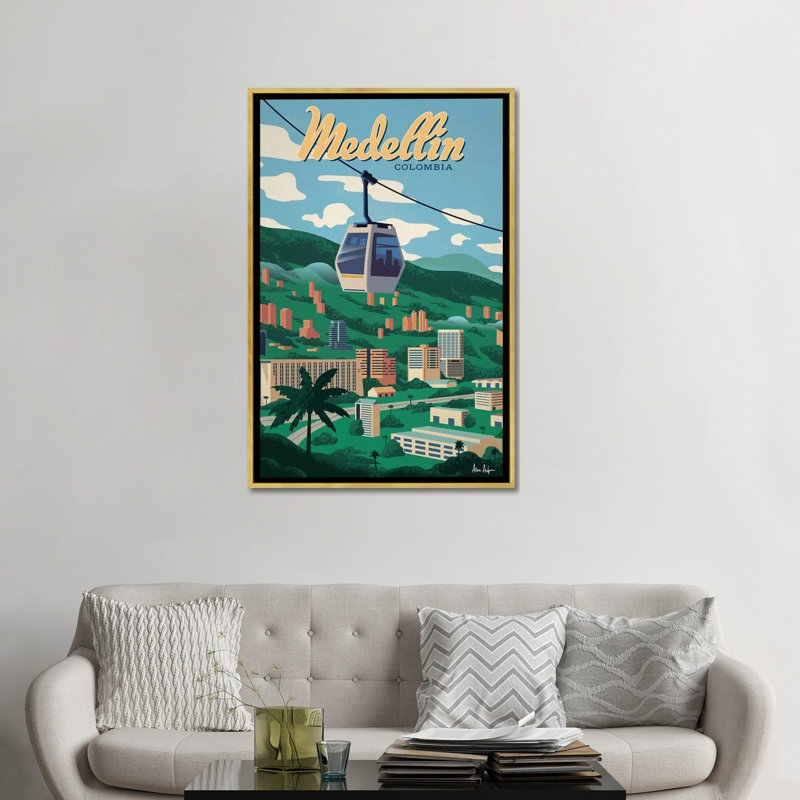 Medellin - impression d'art graphique, H 48 po x l 32 po x P 1,5 po, Toile encadrée d'or, Pas de tapis