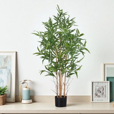 Arbre de bambou artificiel 50 po 50 po - plante d'intérieur avec 640 feuilles vertes réalistes, décor de maison / bureau en pot, pot noir élégant