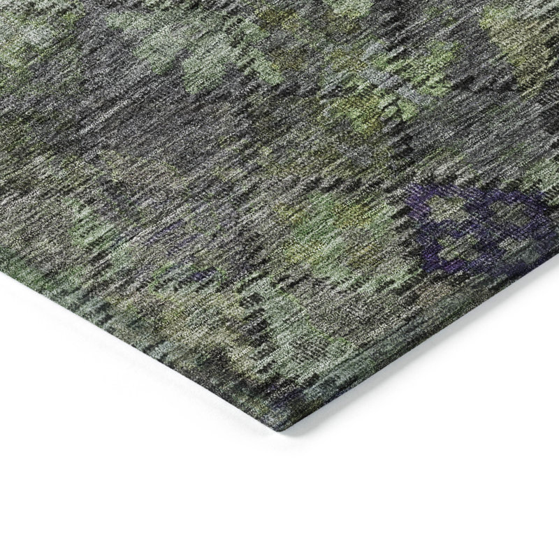 Green Floral Washable Synthetic Indoor Outdoor Area Rug