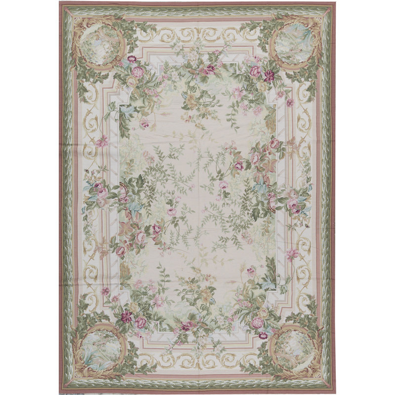 Tapis rose et ivoire de haute qualité noué à la main
