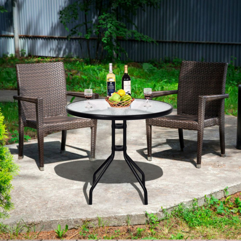 32'' Black Outdoor Patio Table with Tempered Glass Top