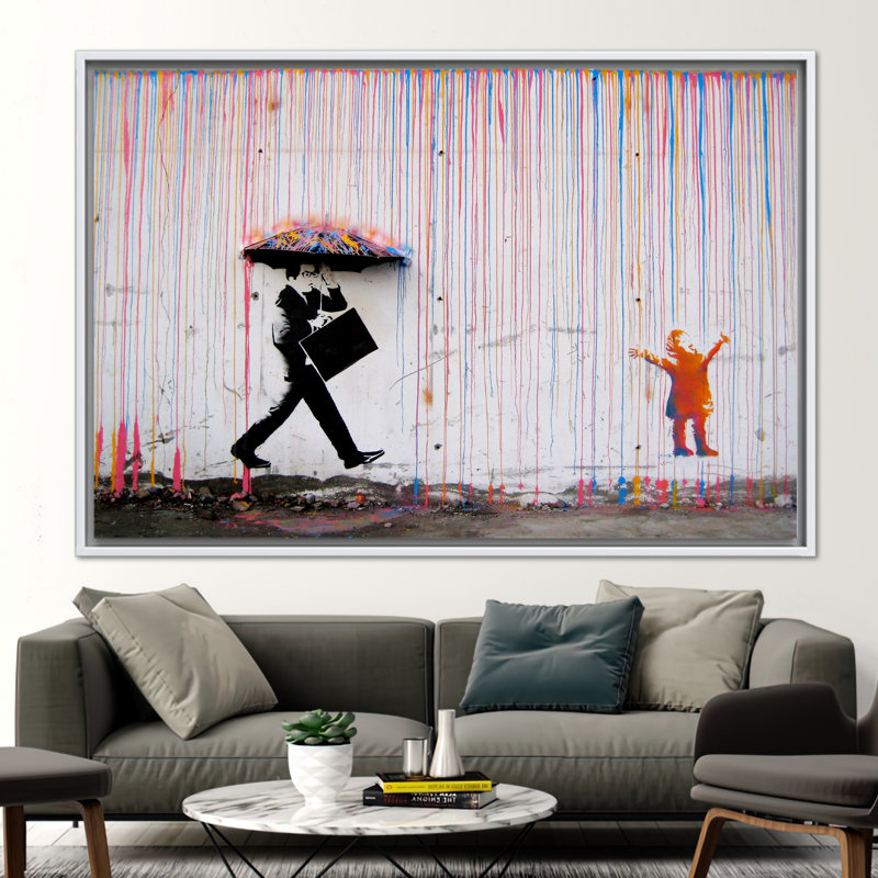 Impression sur toile Banksy, H 45 po x l 100 po, Cadre flottant blanc