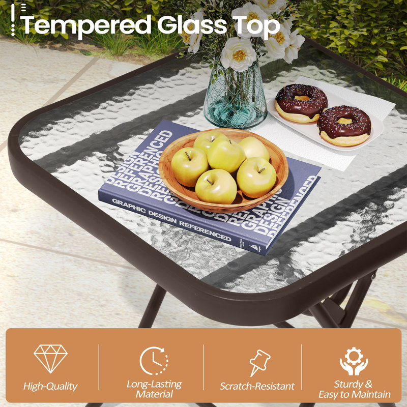Patio Foldable Tempered Glass Side Table Set of 2, Brown