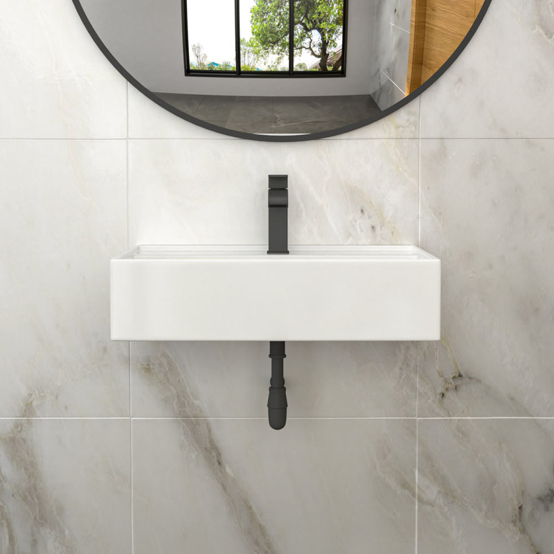 Lavabo de salle de bain mural rectangulaire en céramique blanche 24 po x 16 po avec trou de robinet et trop-plein | Idée de cadeau