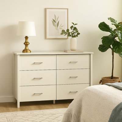 Commode large Kele, 6 tiroirs avec poignées argentées, stratifié blanc
