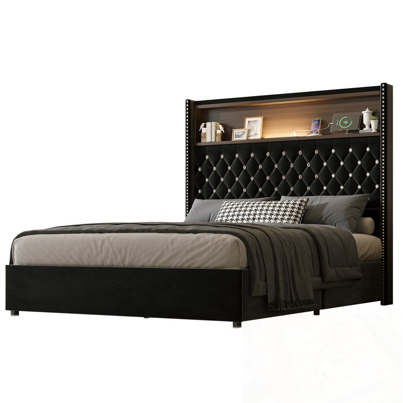 Structure de lit double capitonnée en velours avec port USB et veilleuse, Noir