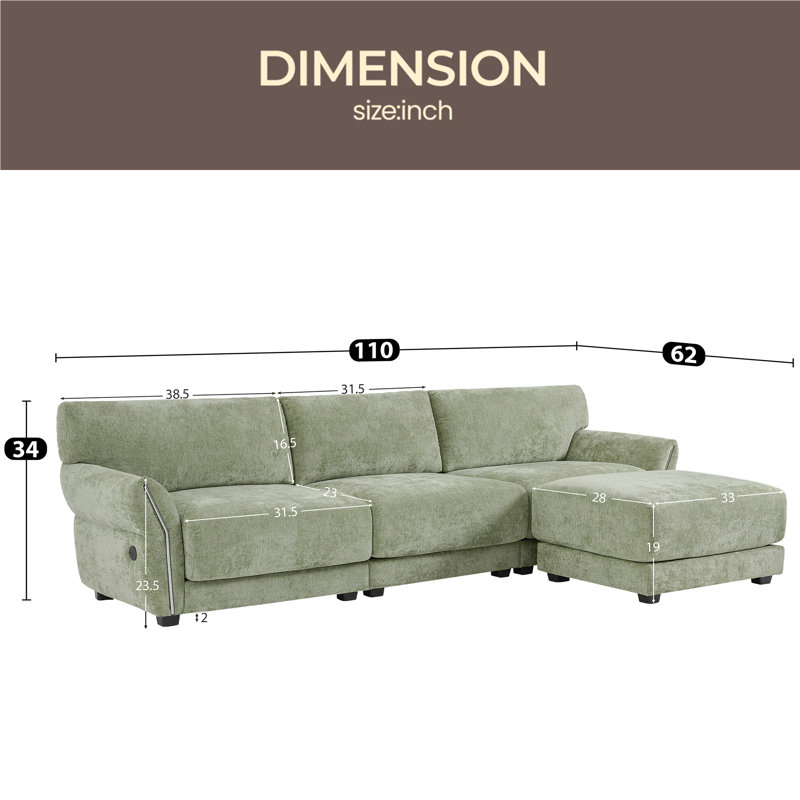 110" Modular Sectional Sofa, L-Shape With Extra-Wide Seat Cushion, USB And Type-C Charger, Petal Armrest Design, High Density Foam, Free Movement Ottoman, Wood Frame, Chenille, 4 Seat