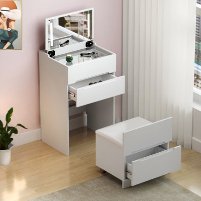 3 in 1 Vanity Desk with open Top Mirror,Small Make Up Vanity Set with Visible Glass Desktop,Compact Makeup Vanity with 3 Drawers,Dressing Table for Bedroom