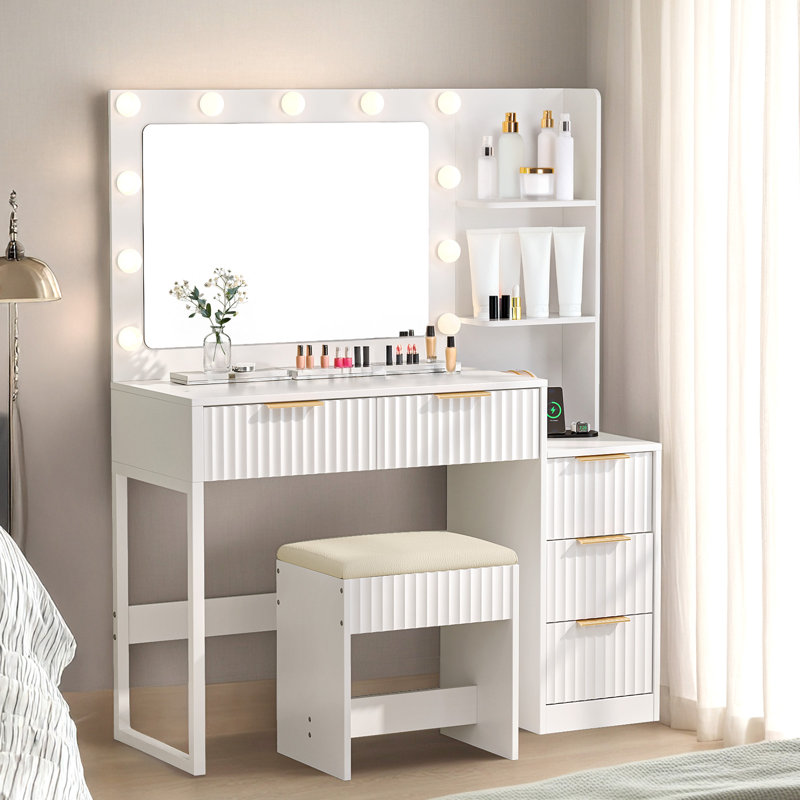 Lighted Vanity Set - 11pcs 3-Colour Dimmable Bulbs, 5 Drawer, White