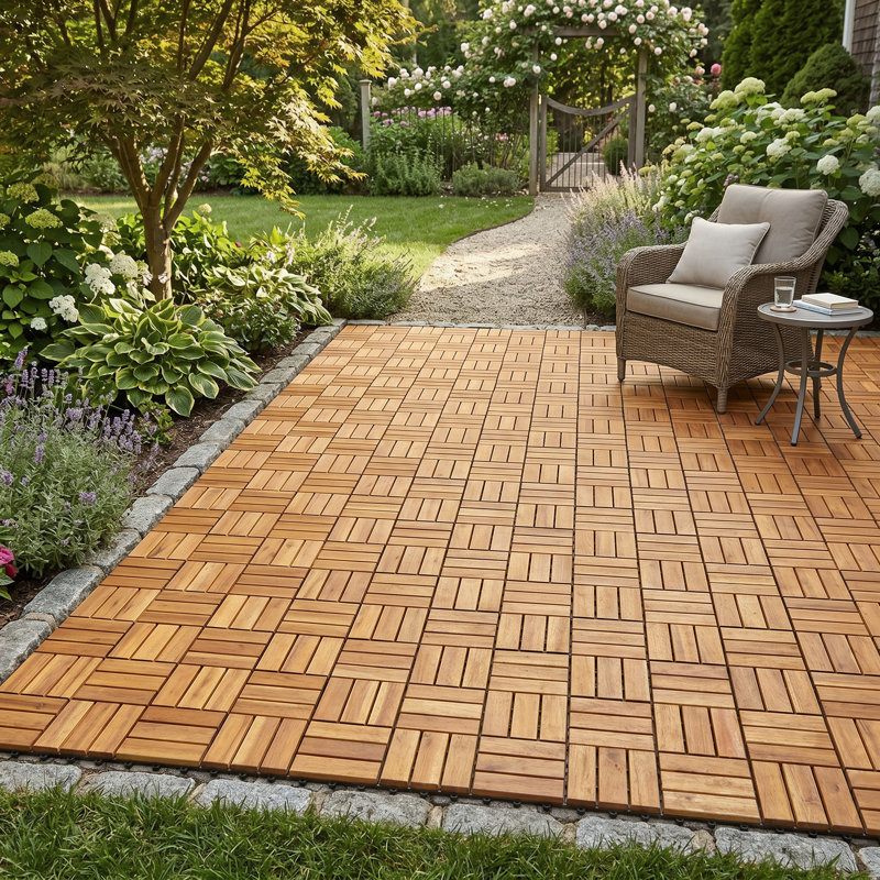 Carreaux de terrasse imbriqués en bois d'acacia Tranquillo - paquet de 30 | Revêtement de sol intérieur et extérieur antidérapant et antidérapant facile à installer