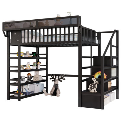Lit mezzanine double avec support de rangement à 4 tablettes et station de charge, lit mezzanine double en métal avec rangement pour escaliers pour enfants adolescents, produits brevetés, noir