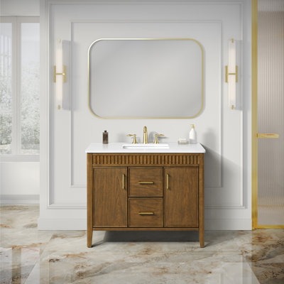 OVE Decors Juliette Meuble-lavabo autoportant à simple cuve en noyer chaud avec comptoir en quartz blanc et quincaillerie dorée brossée