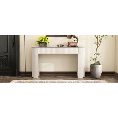 Table console moderne avec rangement, plateau ovale et 2 tiroirs, idéale pour l'entrée et le salon, avec un design cannelé et deux tiroirs de rangement.