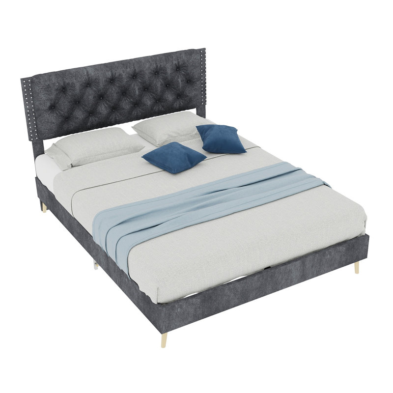 Structure de lit capitonnée en velours capitonné avec pieds robustes - Mobilier de chambre double gris, Lit double, Gris