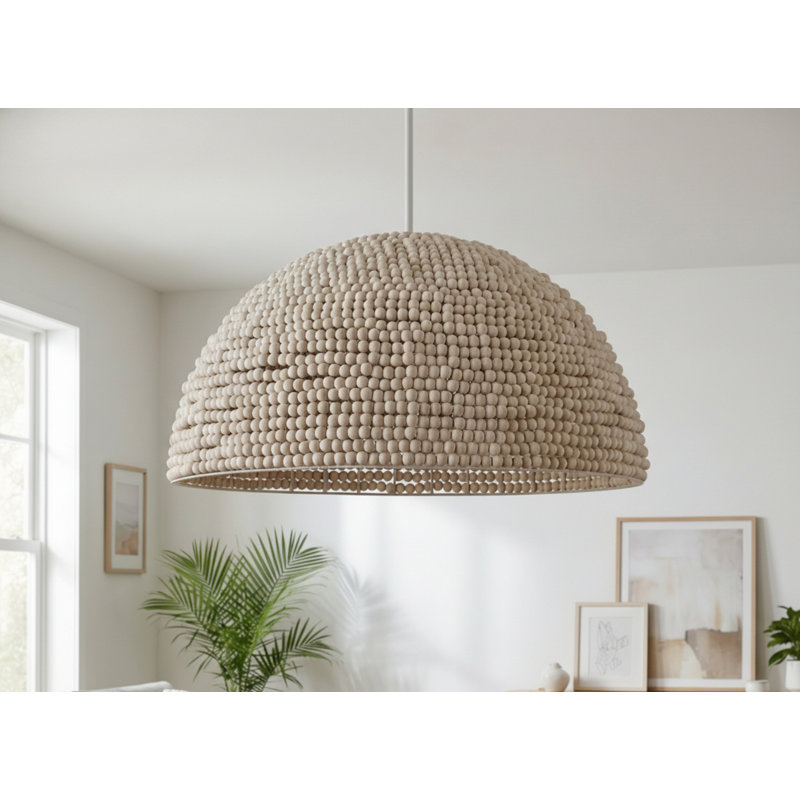 Luminaire suspendu dôme en bois Breanne - 35 po de diamètre - Blanc mat - Abat-jour blanc rétro, 58.75" H x 35" W x 35" D