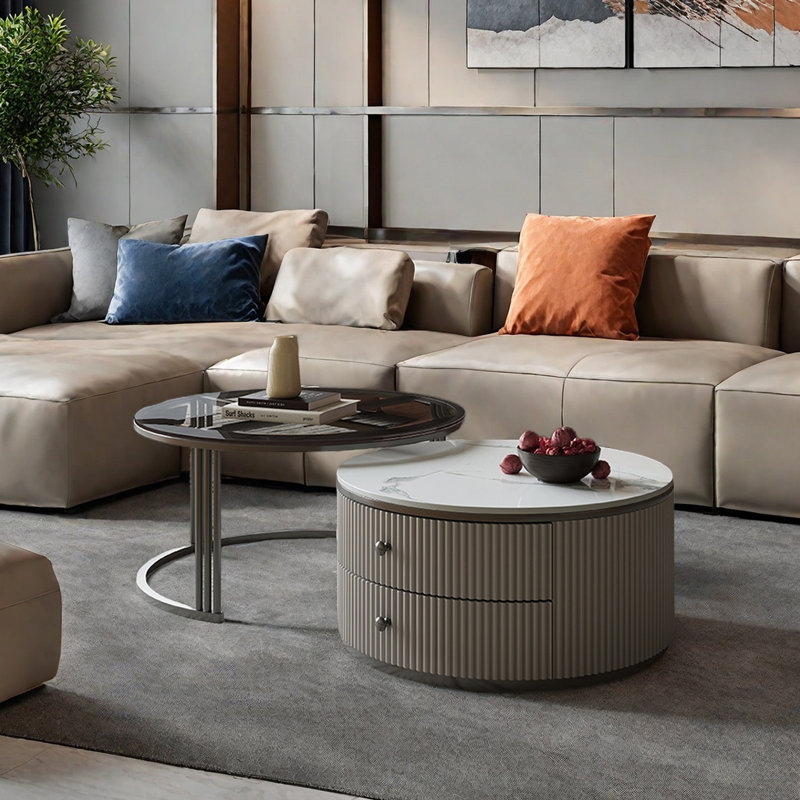 Round stone slab coffee table set, 16.5" H x 27.6" L x 27.6" W