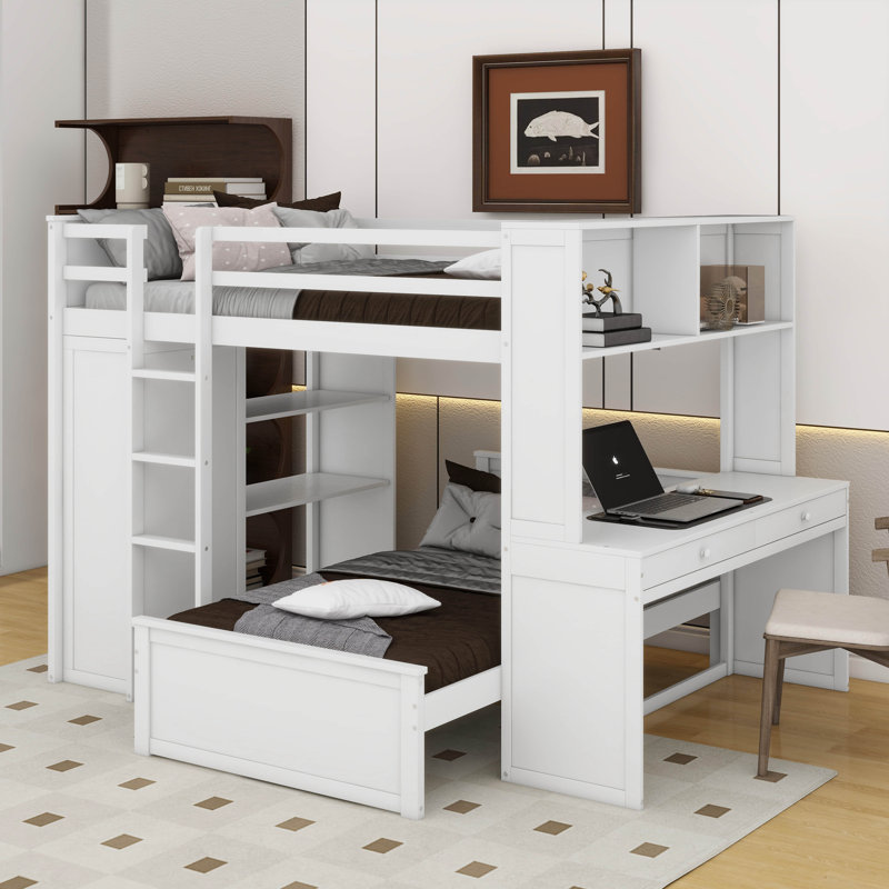 Lit mezzanine double avec lit autonome, tablettes, bureau et garde-robe, Blanc