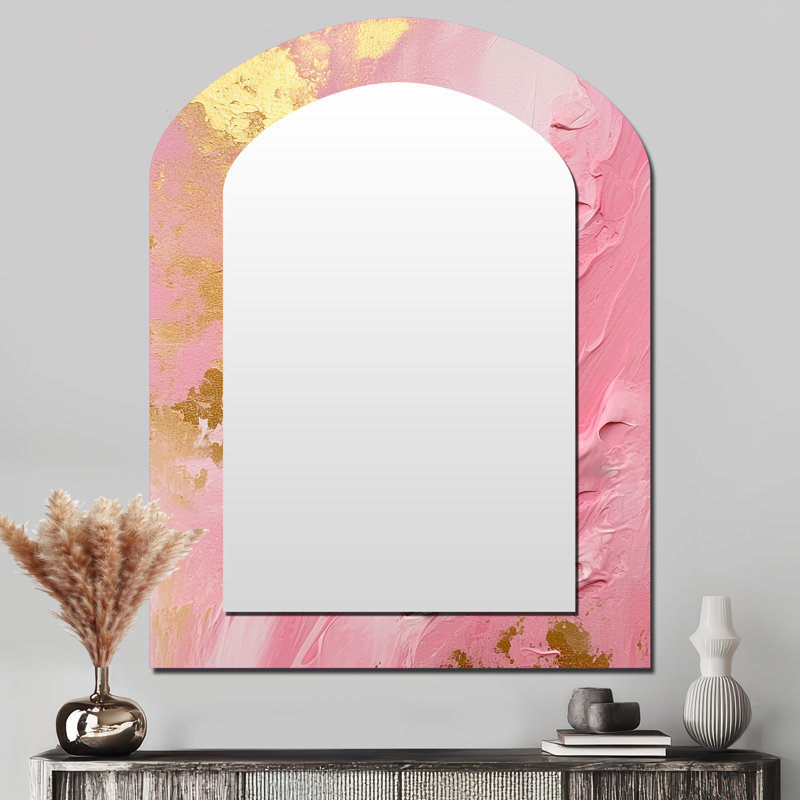 Rose et or, Energies nouvelles III - miroir décoratif asymétrique abstrait, grand miroir mural arqué moderne, impression d'art en métal