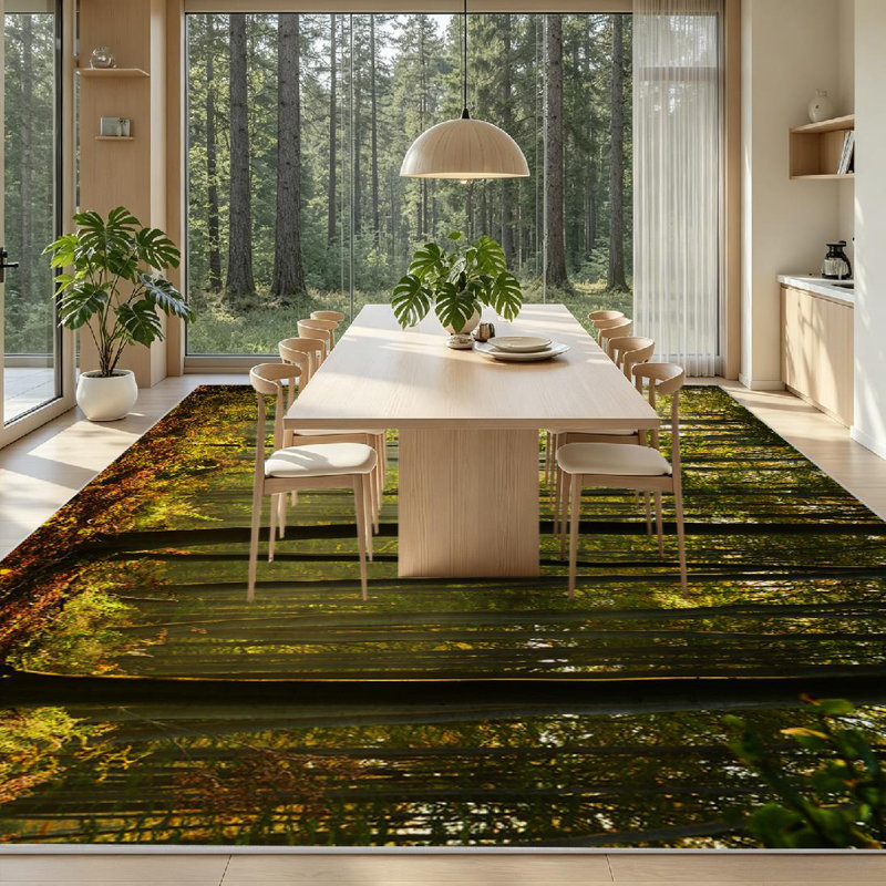 Magnifique tapis d'intérieur brun clair avec branches de bouleau clair Clear Morning Forest, Rectangle 79" x 118"