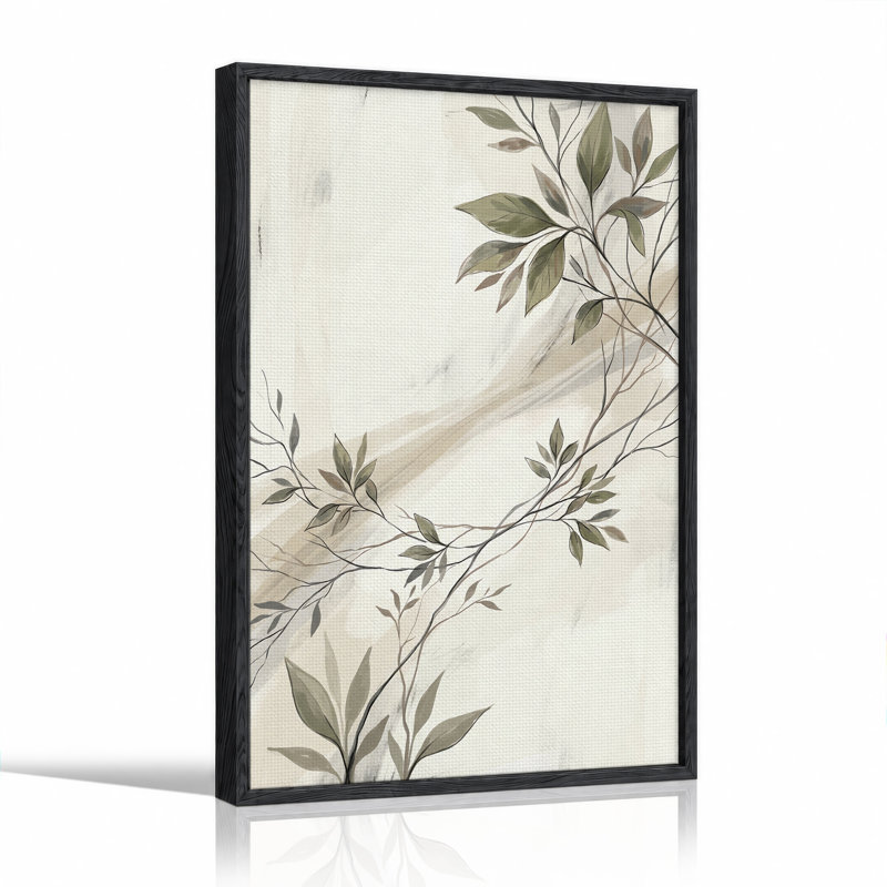 Tableau abstrait de feuilles et de branches vertes sur fond crème, sur toile, 36"H x 24"W