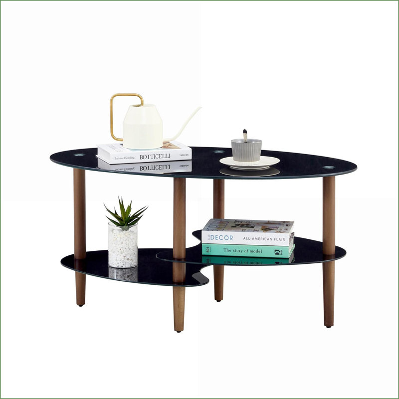 Table basse ovale noire en verre trempé pour le salon, facile à nettoyer et amp; Durable avec pieds en chêne, Noir