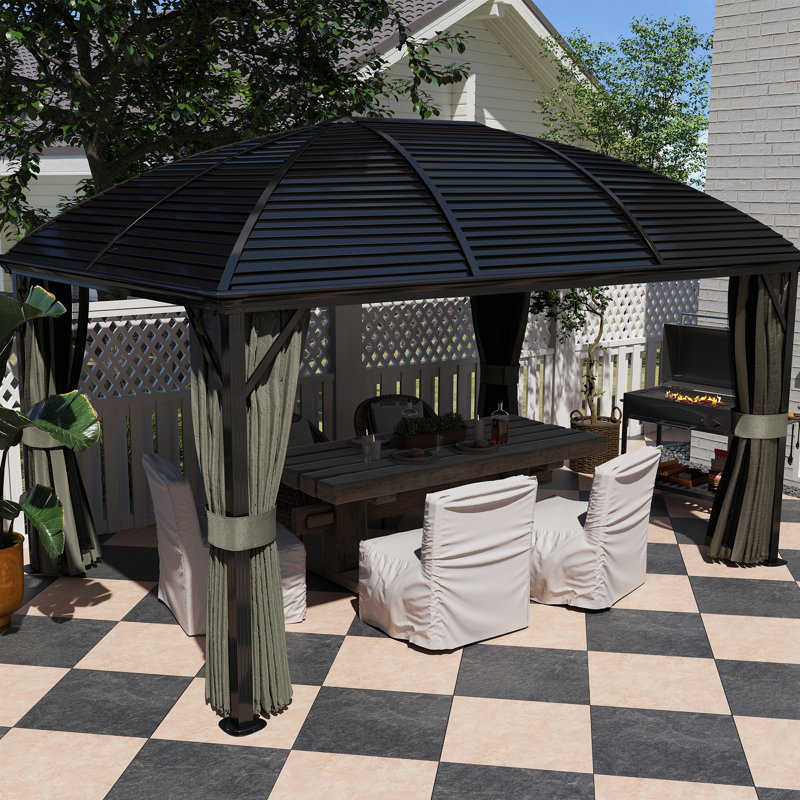 3 X 4m Dark Grey Hardtop Gazebo, Metal Roof Permanent Pavilion With Aluminium Frame, Mosquito Netting And Privacy Curtains For Garden Patio Bbq Gatherings