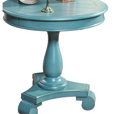 Table d'appoint ronde au fini turquoise - Construction, diamètre 66 cm, hauteur 67 cm, en bois.