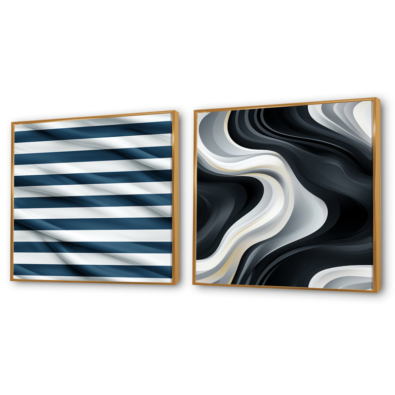 Aymane - Ensemble de 2 collages carrés à formes abstraites, H 16 po x l 33 po, Cadre flottant doré
