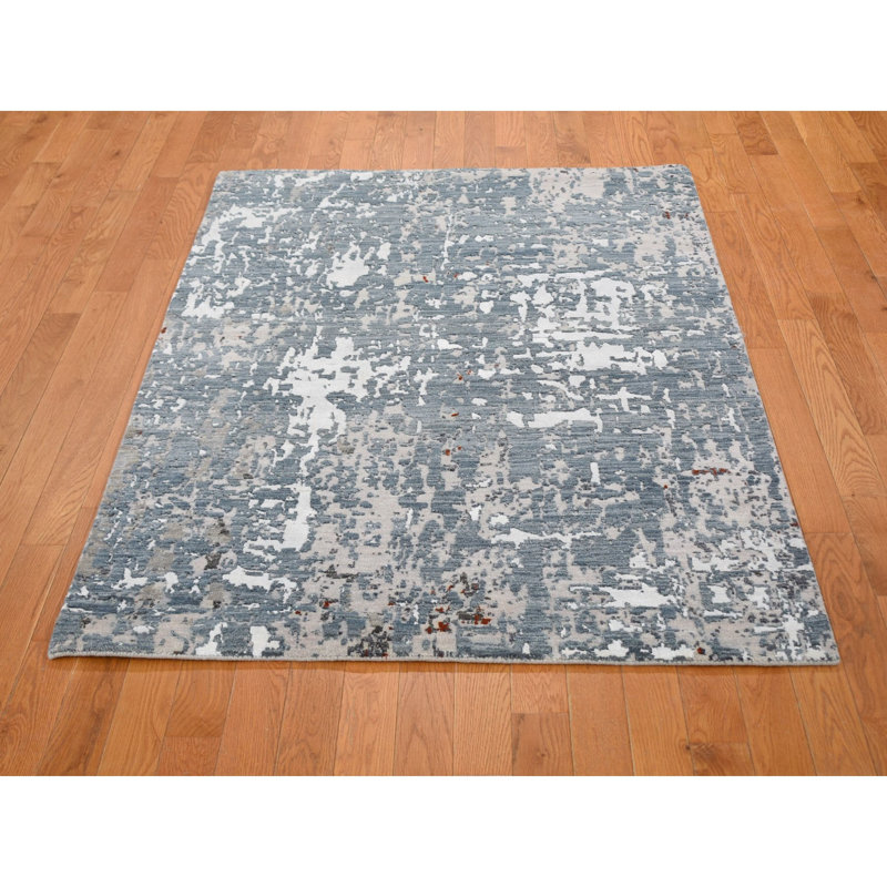 Tapis décoratif bleu noué à la main unique de 4 pi x 6 pi Athanasie